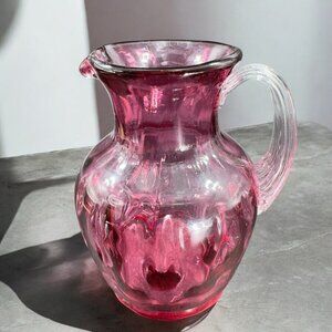 Vintage Pilgrim Glass Cranberry Optic Glass Pitcher Small Creamer Hand Blown VTG